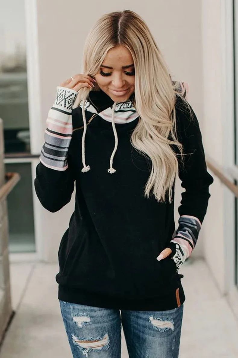 New Arrival Womens Double Hooded Sweatshirt Aztec Hoodie