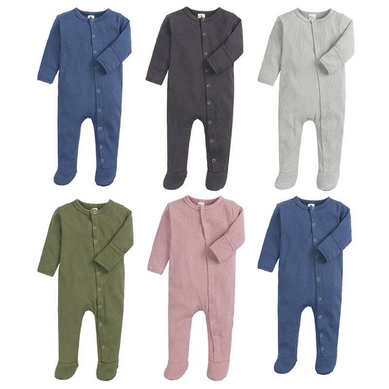 Kids Tales Autumn Winter Thick Ribbed Cotton Romper Jumpsuits Newborn Baby Sleeper Footed One Piece Rompers With Mitten