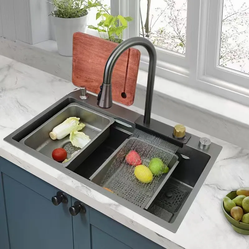 Modern stainless steel single bowl sink with waterfall faucet kitchen  stainless steel kitchen sink