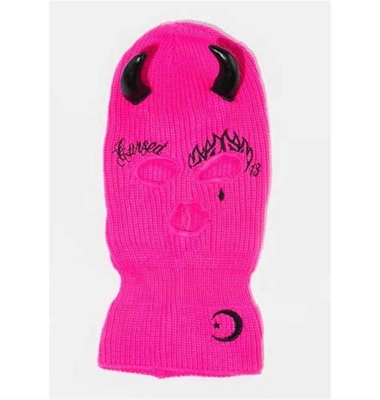 2022 Cursed Tattoos Baby Bad Girl Ghoul Pink Embroidered Knit Ski Mask Balaclava with Devil Horns