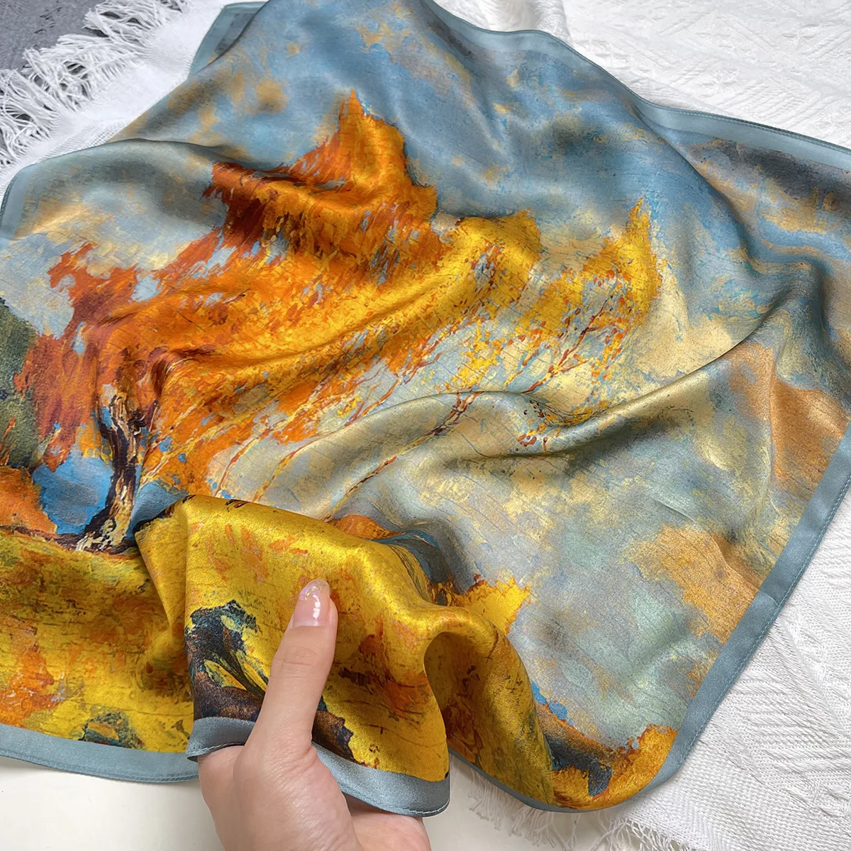 Oil painting style white birch forest printed silk 53cm small square towel summer everything temperament 100% mulberry