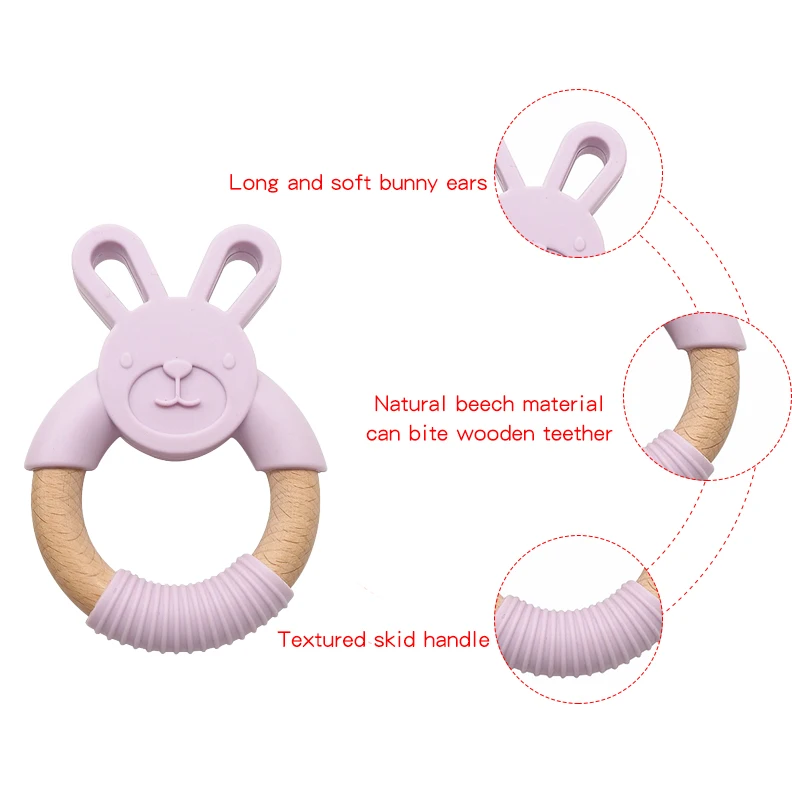Лидер продаж, милые пищевой кролик формы силиконовые и деревянные Детские Прорезыватель для зубов милые ручки для прорезывания зубов Жевательная силиконовый Банни Прорезыватель для зубов