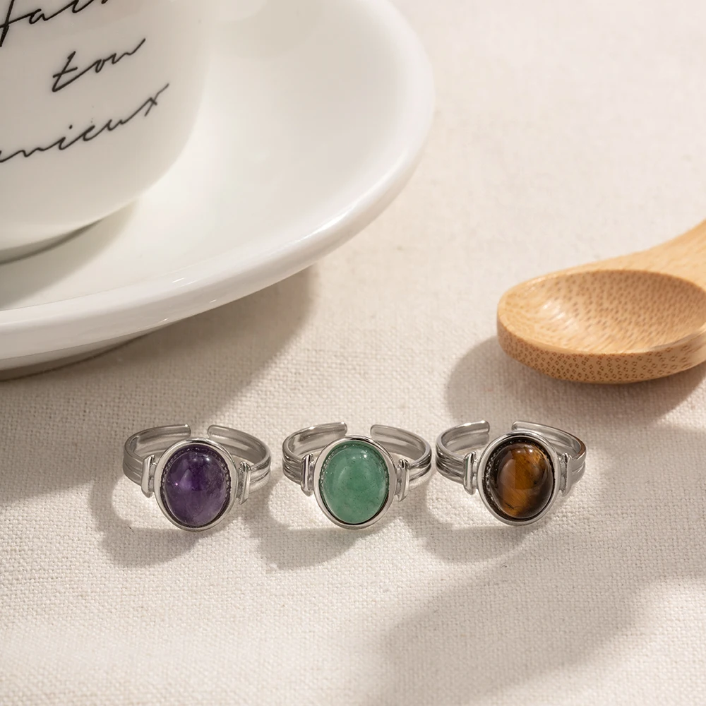 Vintage Silver Color Stainless Steel Ring Oval Tiger Eye Green Purple Semi-Precious Stone Open Rings for Women
