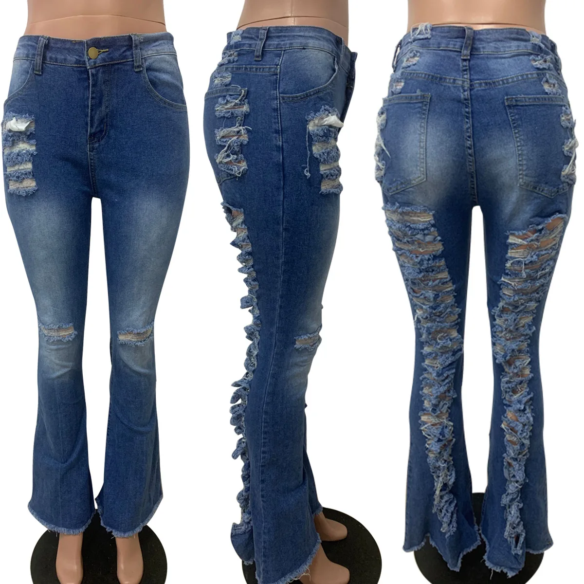Wholesale Manufacture Woman Boyfriend Denim Pants hole tassel flare Women Jeans