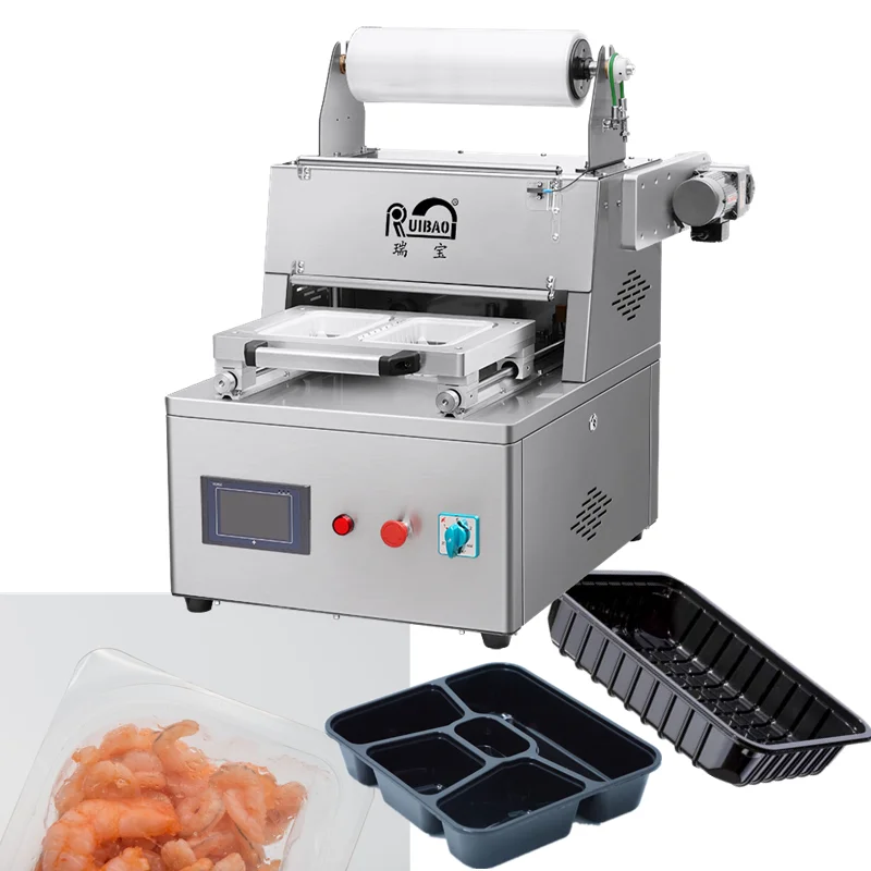 Ruibao commercial food container tray sealer machine table top vacuum nitrogen packaging machine, automatic film cut