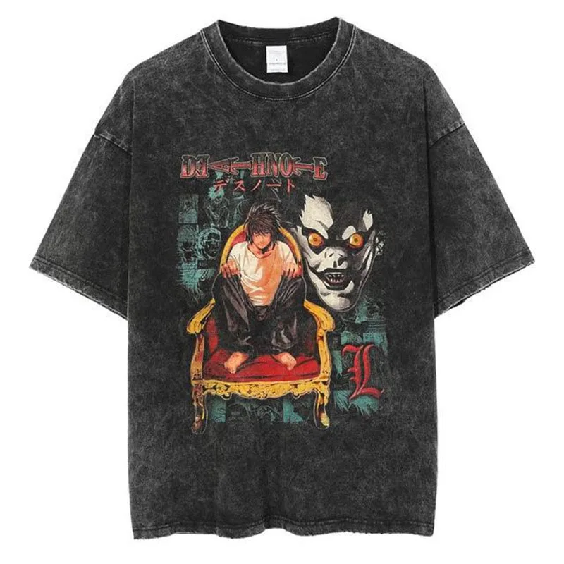 Hip hop high street tshirts washed short sleeves rock band Japan Anime printed top graphic tees blank clothes for men