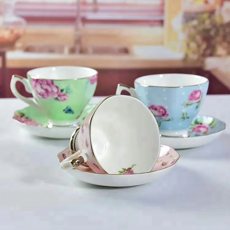 Floral Tea Cups Bone China Tea Porcelain Cups and Saucers Set with Gift Box
