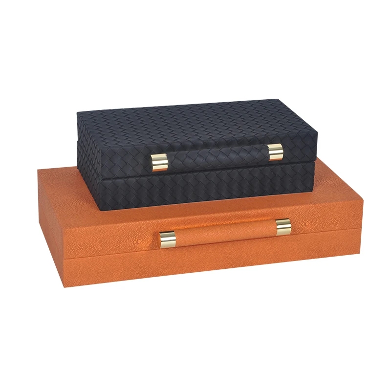 New Chinese style simple linen storage jewelry box model room light luxury jewelry storage box ornaments leather metal edging