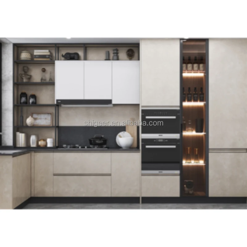 Overall Custom Open Quartz Stone Countertops Whole House Decoration U-Shaped Metal Kitchen Cabinet