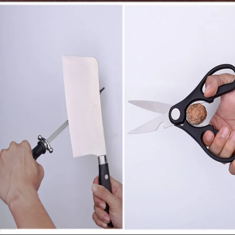 Wholesales 7 piece kitchen knives set cooking accessories black ABS handle Cleaver Knife with sharpener acrylic block