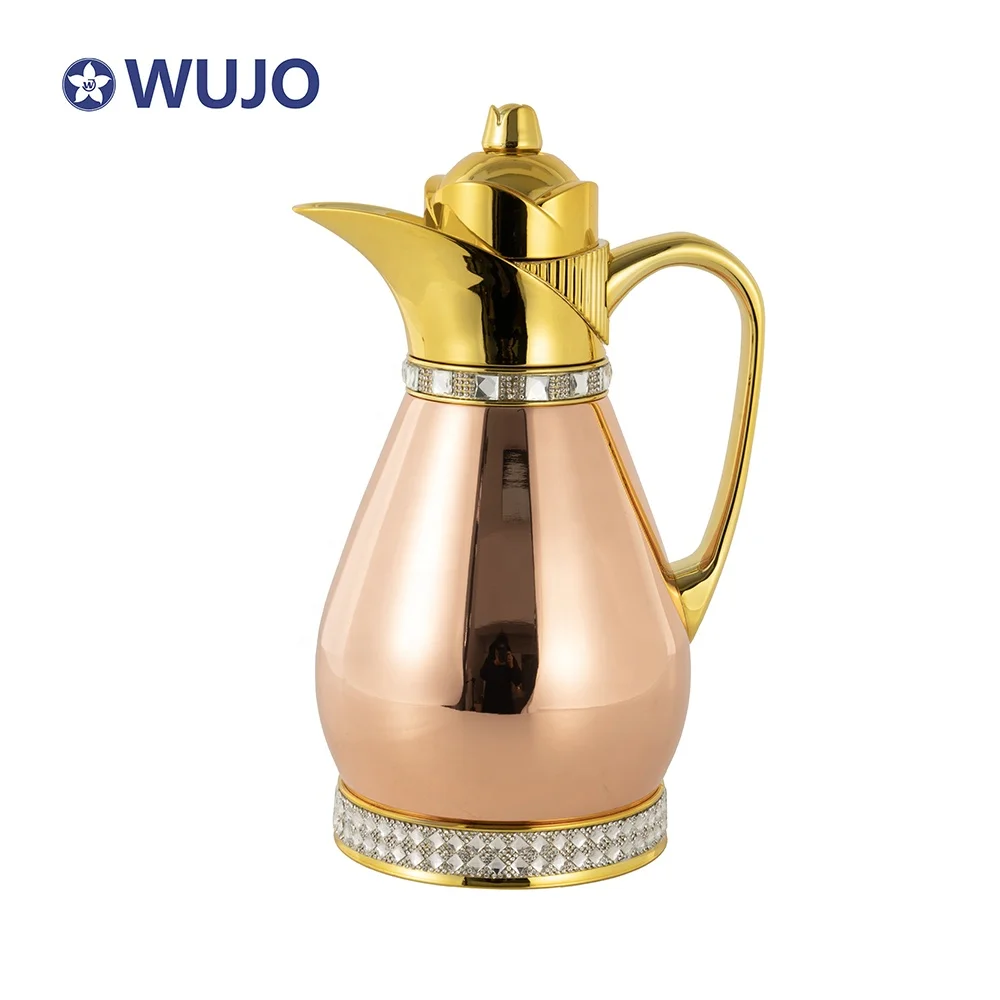 WUJO High Quality Iron Body Pink Glass Refill Liner Stainless Steel Arabic Dallah Insulated Water Vacuum Flask Jug Coffee Pot