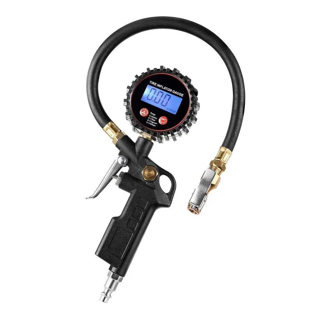 LED Display Tyre Deflator Gage Digital Tire Inflator Pressure Gauge Gun With Straight Brass Chuck Rubber Hose