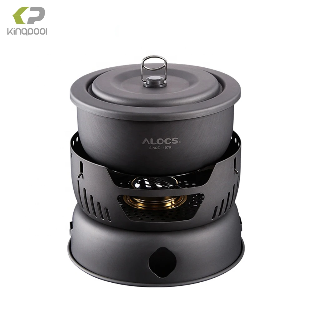 Kingpool 9 Pcs Aluminum Camping Equipment Cooking Pots Pans and Stove Mess Kit Portable Outdoor Cookware Set with Alcohol Stove