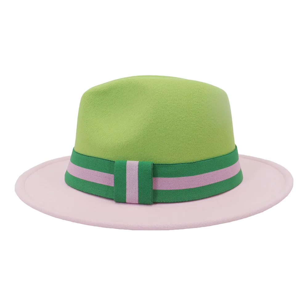 FS Christmas Wool Felt Jazz Hat Women Men Wide Brim Hats Trilby Ladies Green Pink Patchwork Panama Fedora Cap Hats With Ribbon