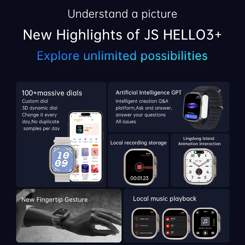 JS HELLO3+ 4G ROM GPT Smart Watch 2023 2.1Inch Amoled  NFC IP67 reloj inteligente High quality sport smart watches for men women