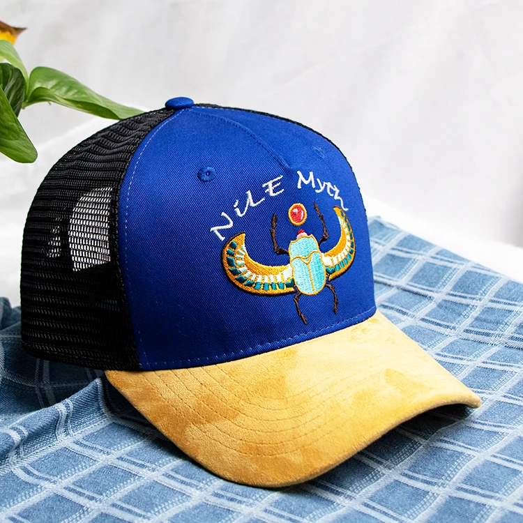 hengxing new design 100% cotton two tone embroidery grey 5 panel baseball mesh cap with custom logo