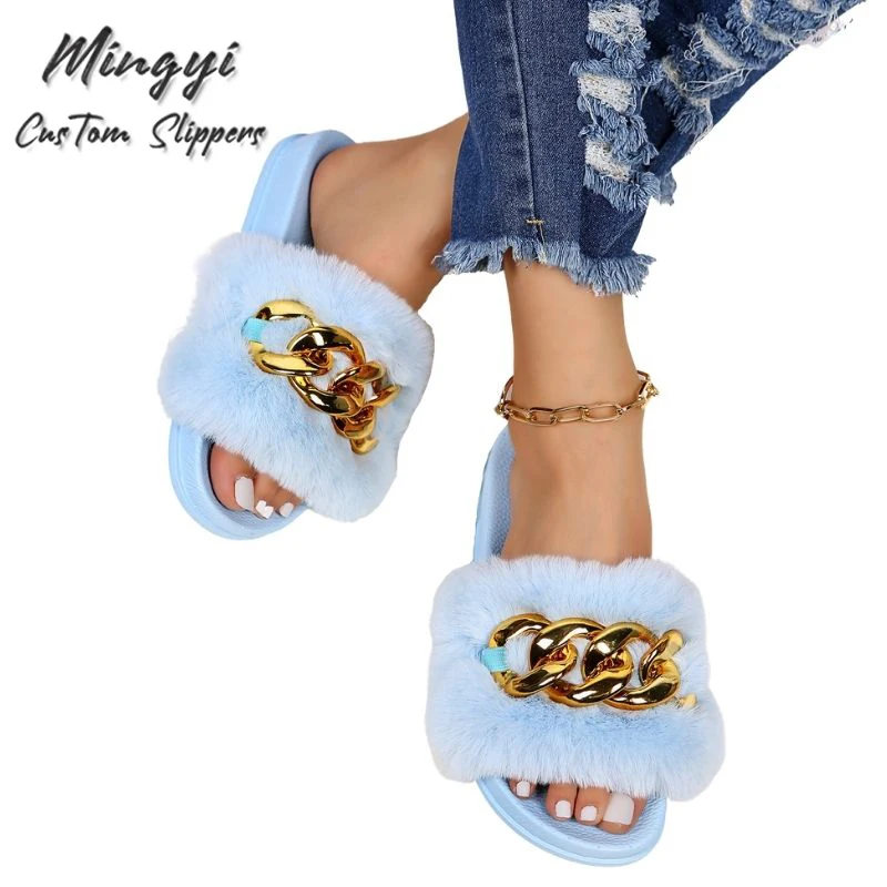 Fashion style size 43 cheaper Custom logo PVC Faux Fur Cotton Fabric Fur Slippers for Women