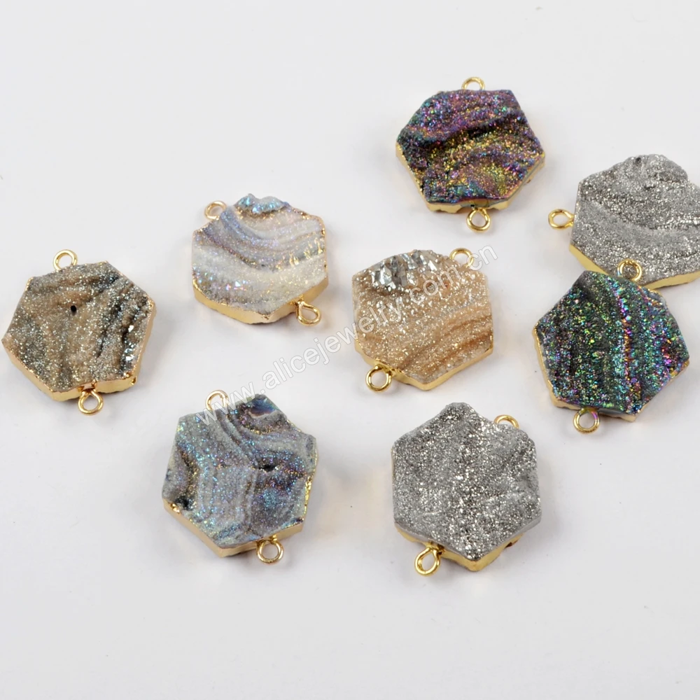 G1618 Hexagon Galaxy Rainbow Titanium Agate Druzy Connector For DIY Jewelry Making