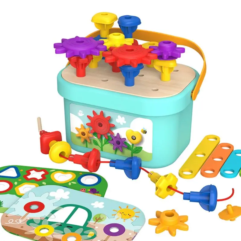 2024 Wooden Multi-functional Rainbow Stacking Pattern Peg Gear Toy Box Puzzle Montessori Toys for Kids