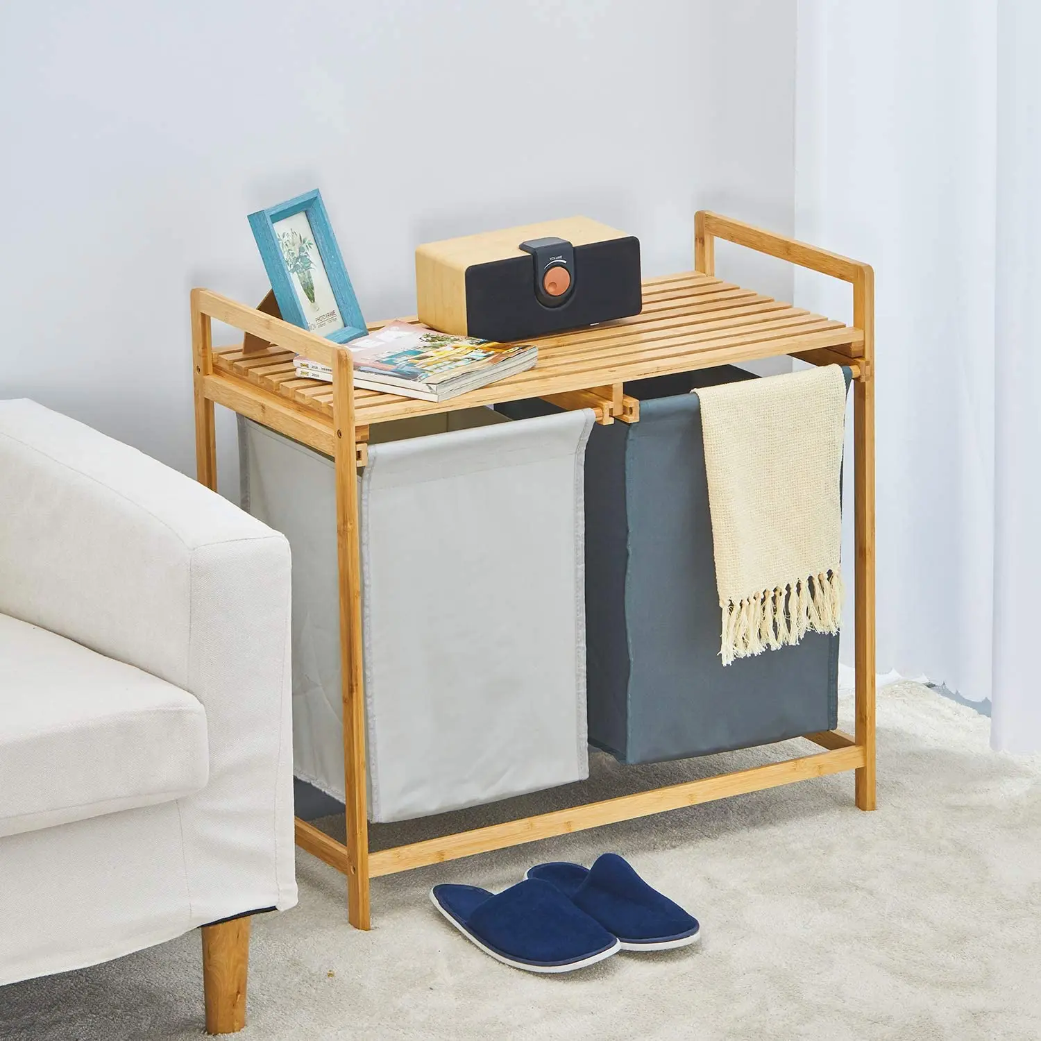 Laundry Hamper and Shelf, Dual Compartments Laundry Basket with Removable Bag, 2 Sections Laundry Organizer and Storage