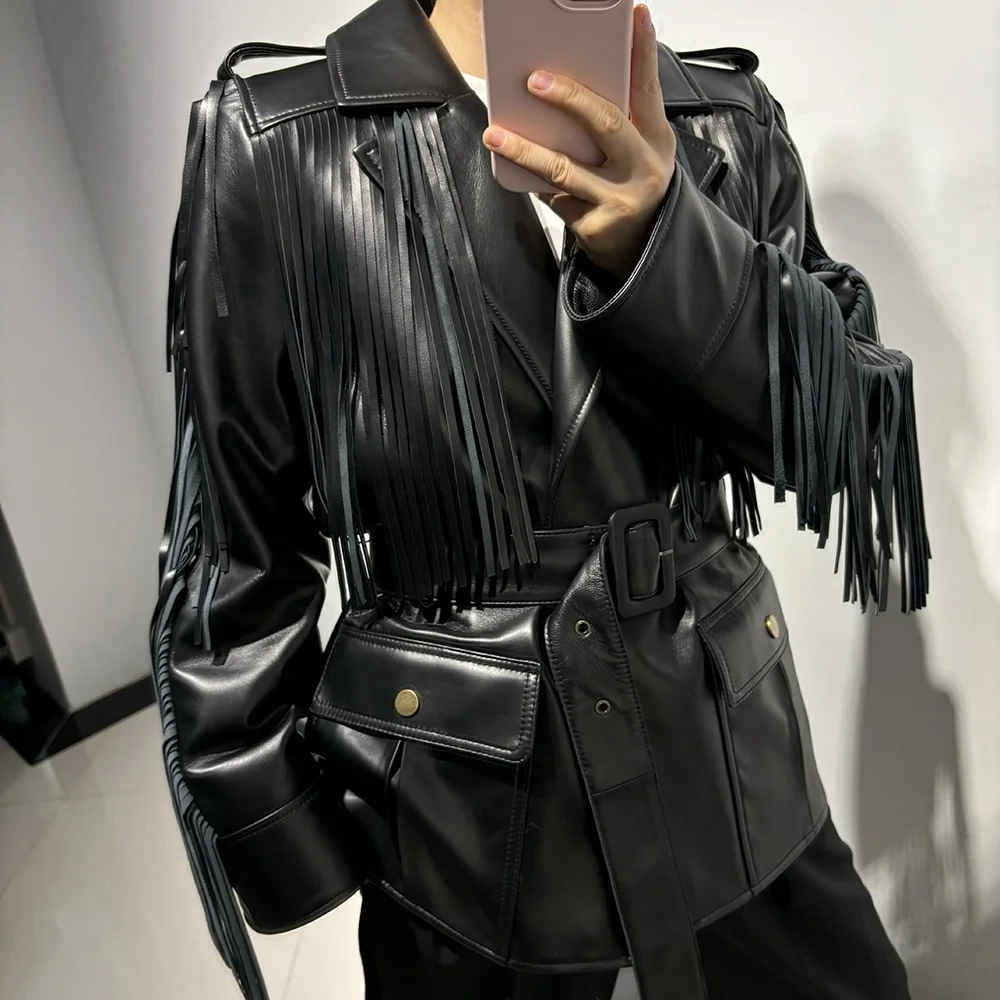 2024 Autumn Fashion streetwear tassel leather jackets genuine sheepskin leather blazer jacket woman leather jacket with fringes