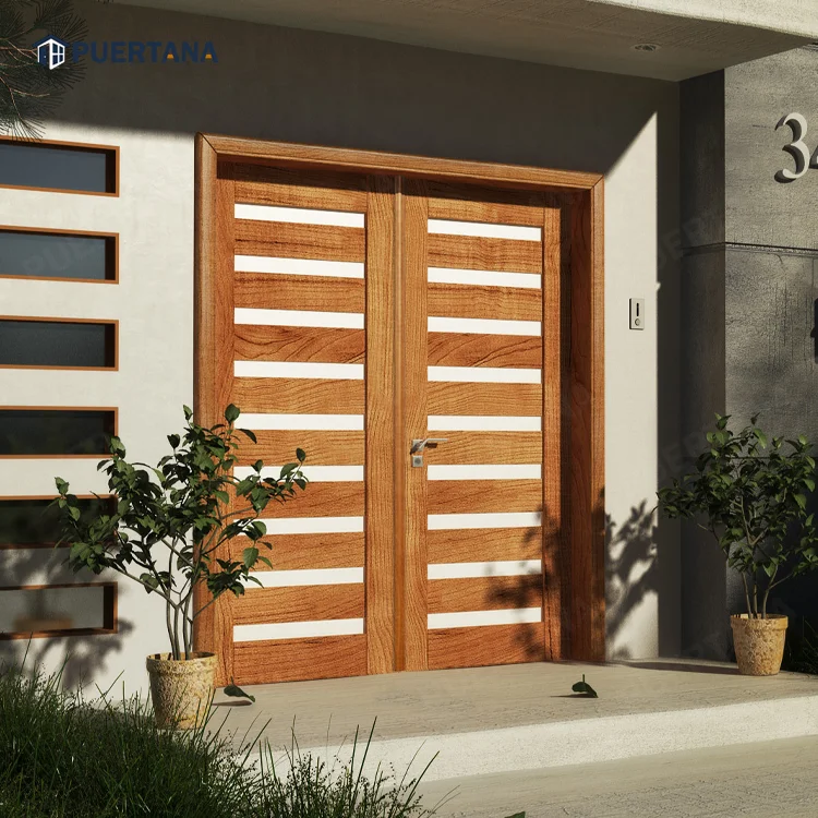 Modern Exterior Double Doors Shaker Style Teak Wood Door