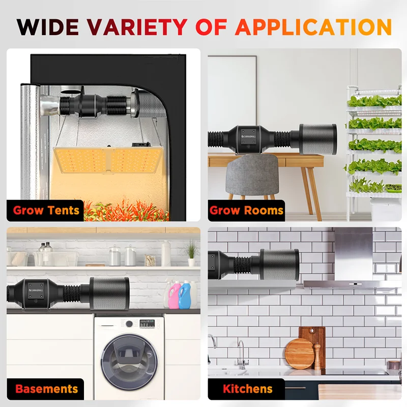 8 Inch 6 Inch 4 Inch Carbon Filter 350 CFM AC100-240V Inline Duct Fan With Smart Controller Ventilation Kits