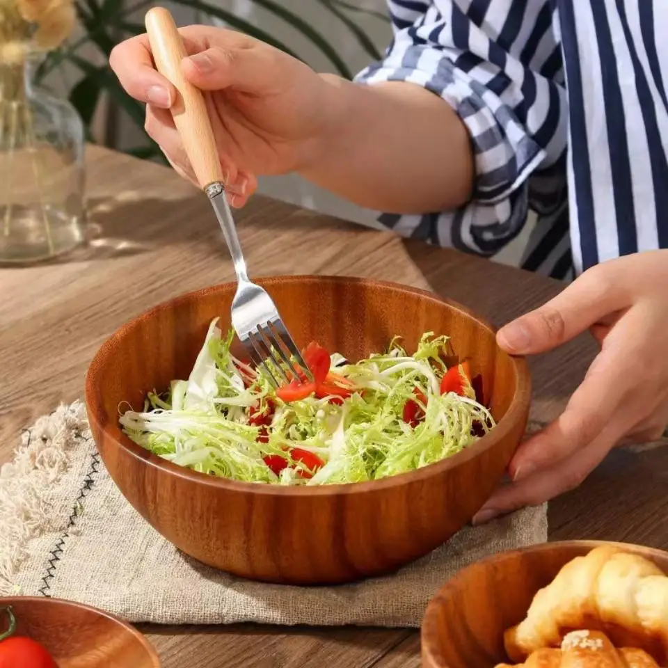 2023 Hot Selling home decor Wooden Bowls,with Utensils Wooden Forks and Spoons Mix size Stackable Dish for Fruit Salad Vegetable