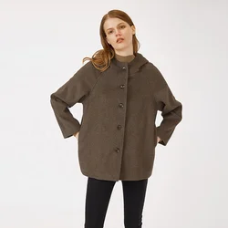 High Quality Loose Brown Single Breasted Hooded Woolen Cloth Short Coat For Women