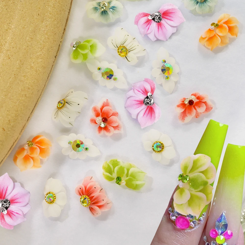 Handmade Acrylic Flower  White/Pink 3D Butterfly Acrylic Nail Flower DIY With Glitter Rhinestone Acrylic Side Flower