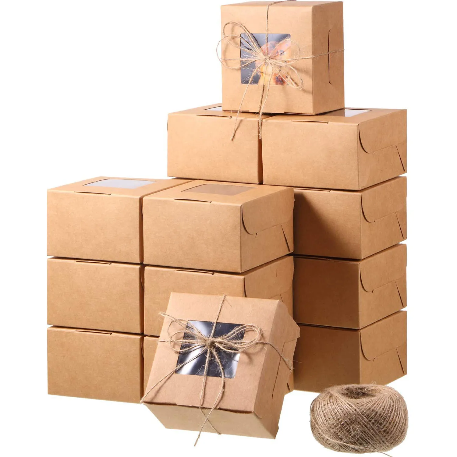 Brown Gift Packaging Boxes with Display Window for Pastries, Cookies, Small Cakes, Pie, Cupcakes, and More(4 x 4 x 2.5 Inch)