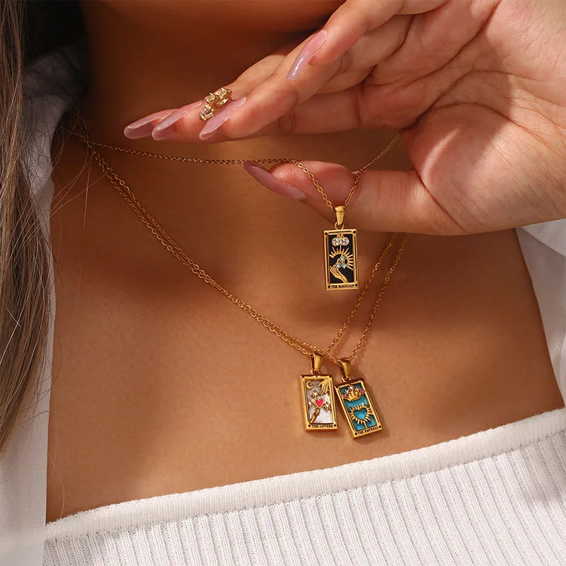 Fashion Square Colorful Enamel Zircon Tarot Cards Pendant Necklace 18K Gold Plated Stainless Steel Necklaces Jewelry  For Women