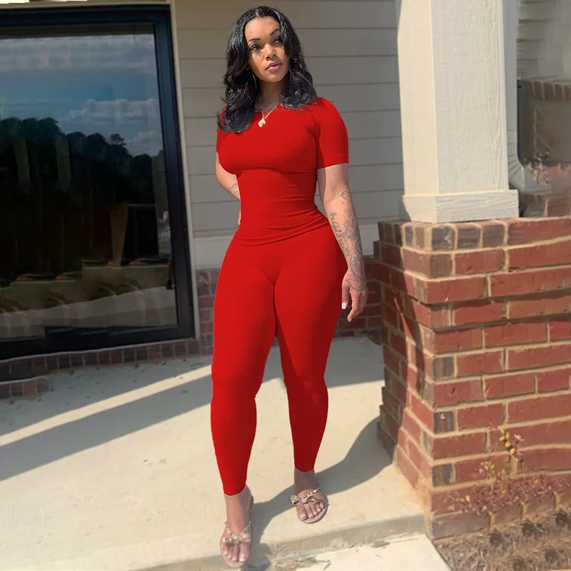 Summer Lounge Wear Women Clothing 2023 Solid Knitted Ribbed Two Piece Jogger Set Women Short Sleeves Skinny Legging Pant Set