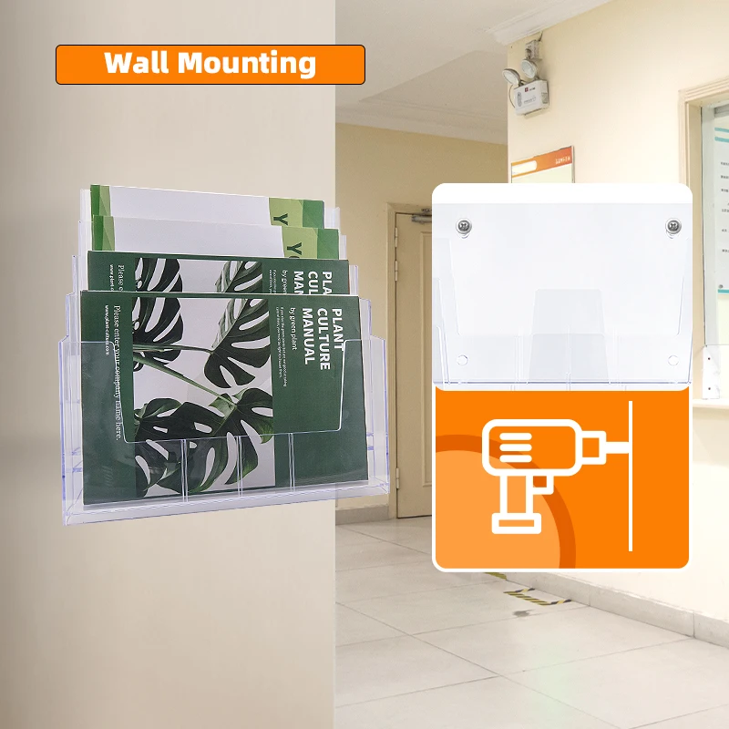Magazine Brochure Storage Rack Display Holder Desktop Wall Mounted A4 Size Acrylic Advertising