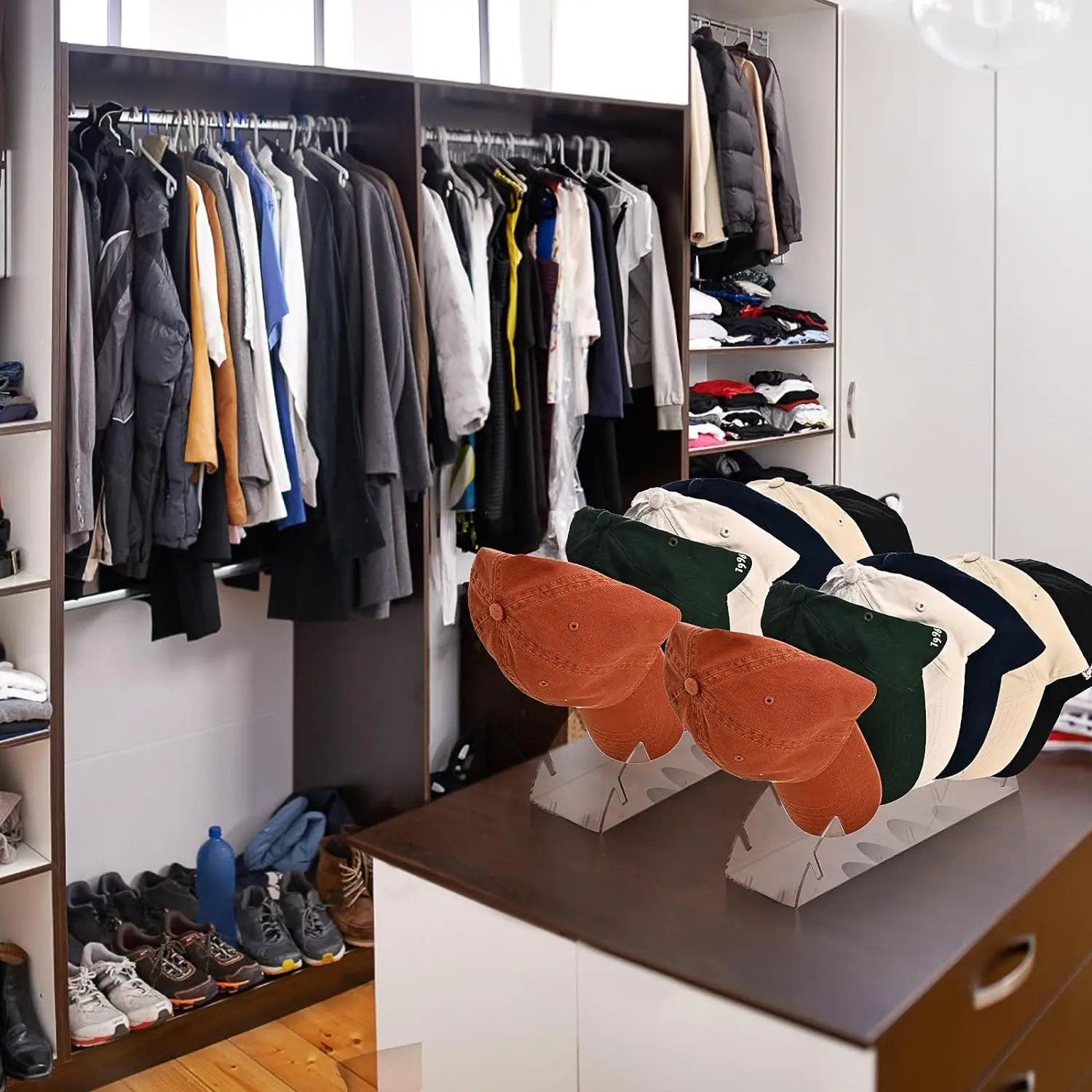 2pcs Acrylic Baseball Cap Hat Stand Arch-Shaped Desktop Drawer Organizers No Install Hat Racks 14 Baseball Caps Organizer