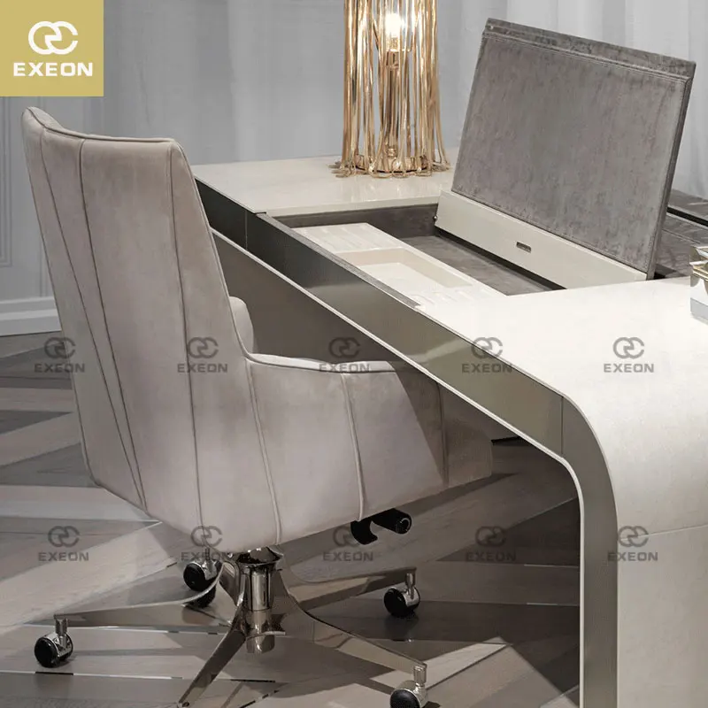 Modern Design Luxury Wooden European Home Office Desk Gold Stainless Steel Microfiber Leather Modern Design Study Desk