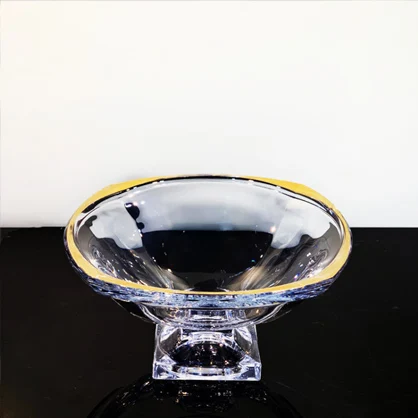 popular design decorated crystal glass fruit bowl, bohemia crystal bowl, glass tableware with color and gold
