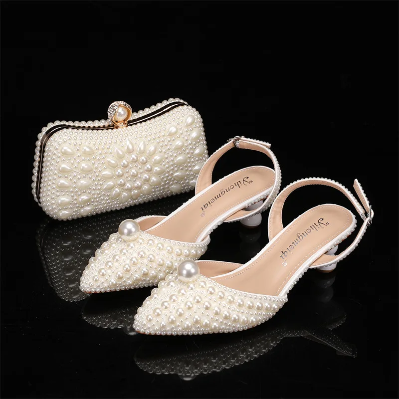 2024 African White Pearl Bridal Wedding Purse Set Pointed Toe Party Evening short heel Shoes With Matching Clutch Bags