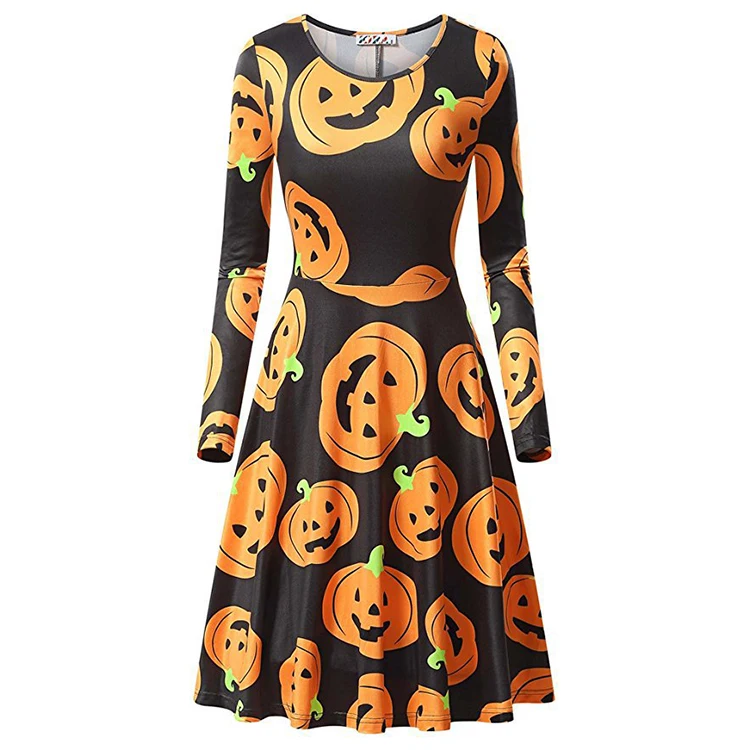 Новый день Хэллоуина платье; Сезон весна-осень; Хлопковые женские миди платье с круглым вырезом и тыквы с принтом с длинными рукавами; Платье трапециевидной формы
