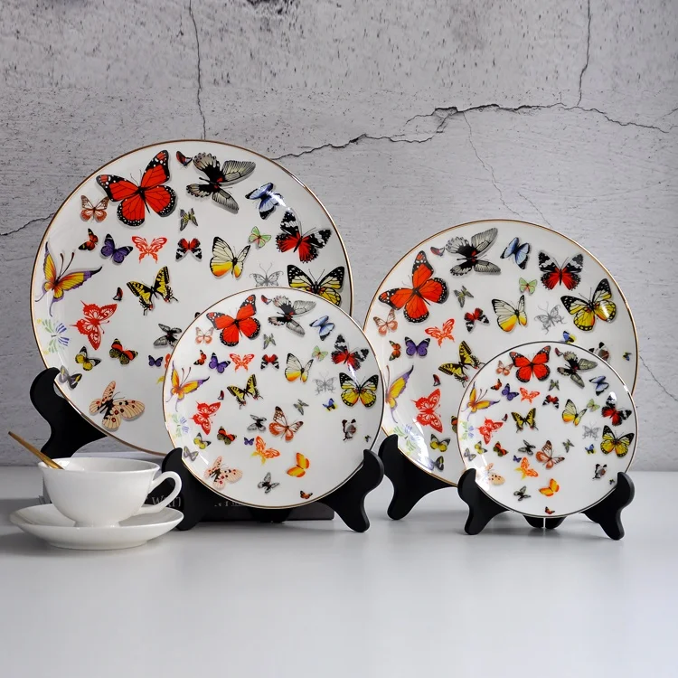 Colored dinner plate butterfly bone china dinnerware gold ceramic charger plates for wedding
