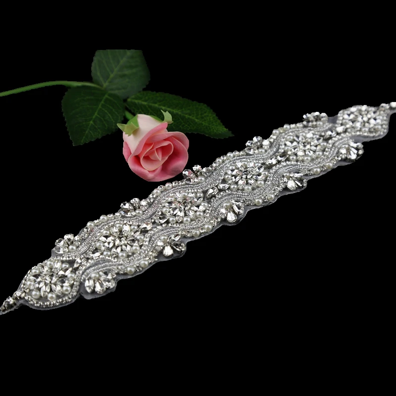 
Silver Wedding Dress Rhinestone Applique Sewing Iron on Hot Fix Bridal Shiny Diamond Pearl Appliques for Decoration 