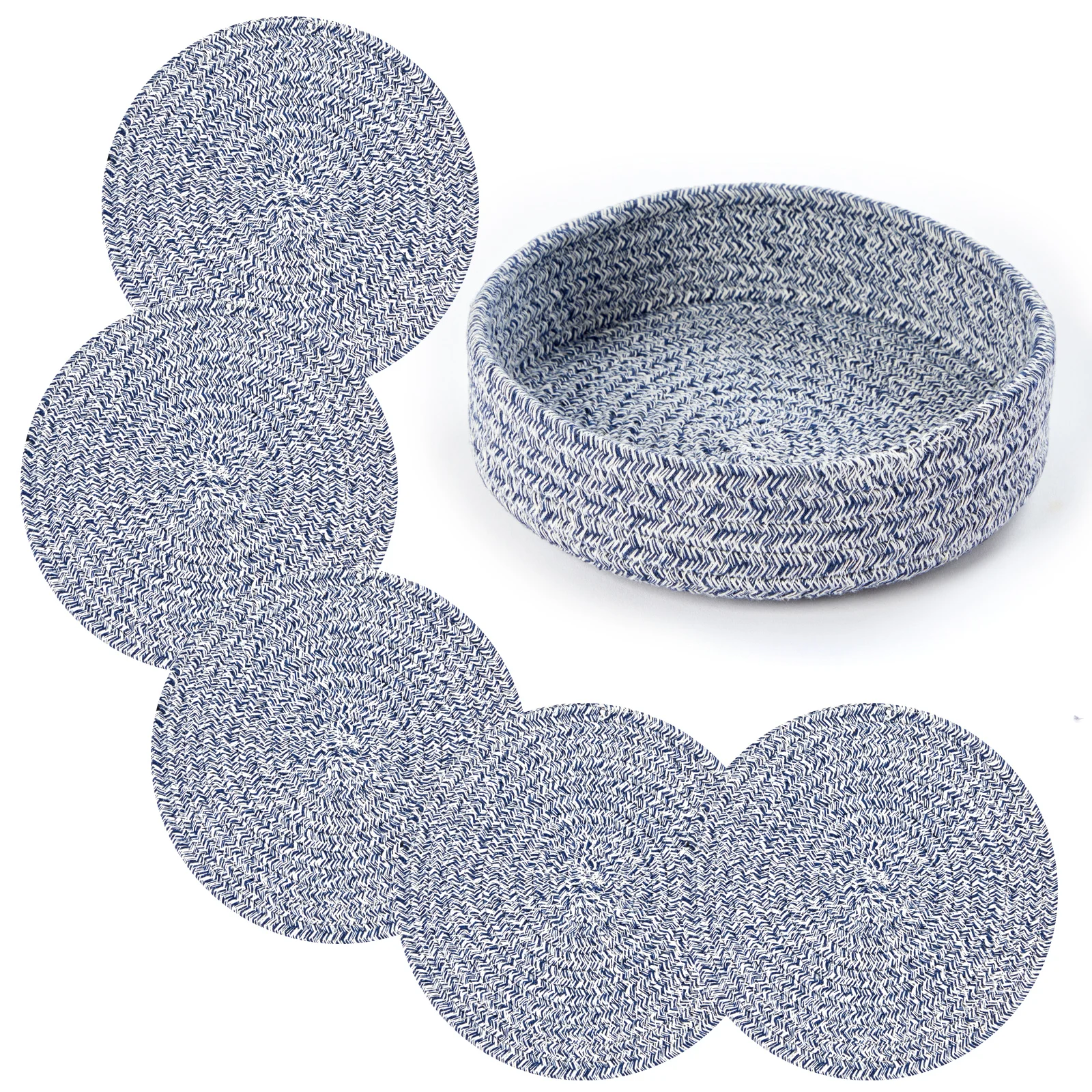 Trivets for Hot Pots and Pans,5 Pcs and Storage Basket 1 Pack for Countertops,Cotton Table Protector Hot Mats Heat  for Kitchen