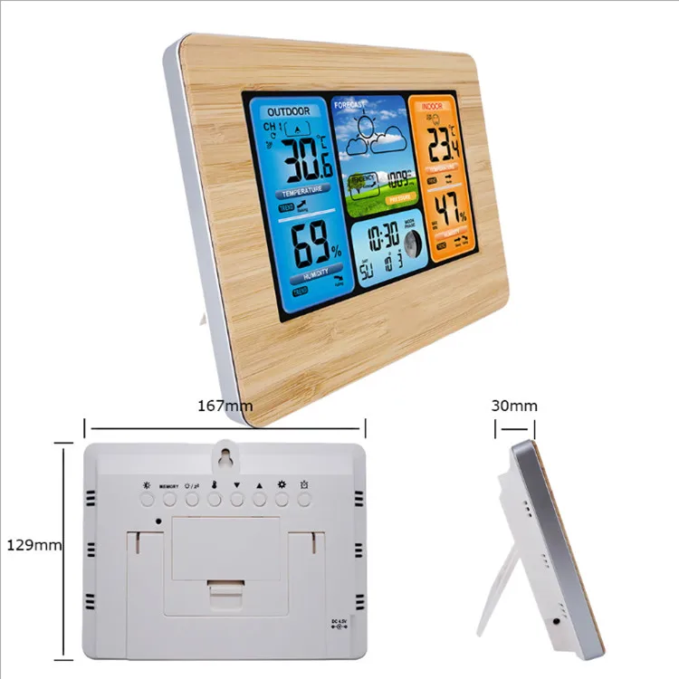 Color screen weather forecast clock bamboo face radio wave clock electronic alarm  RF wireless weather clock calendar