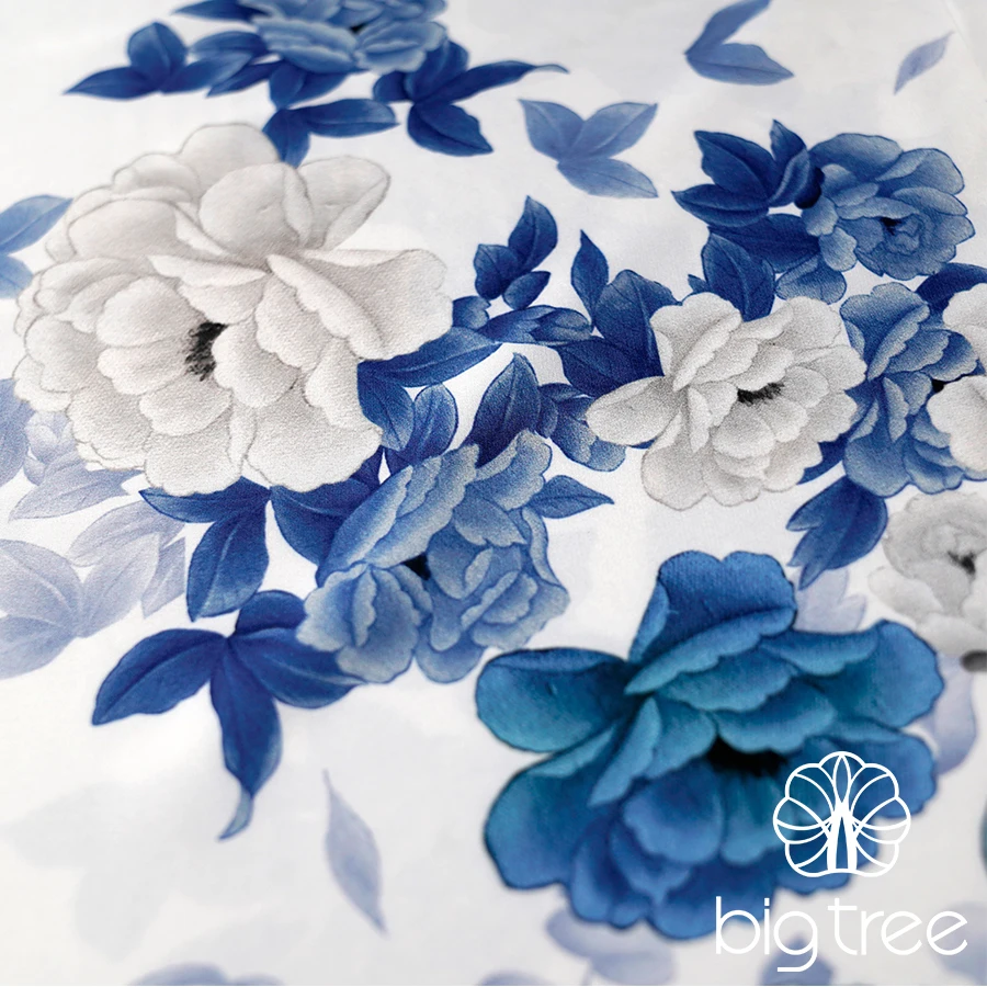 Custom Printed 100% poly Blue and White Vintage Floral Digital Print Silk Satin Fabric Textile for Abaya Dress