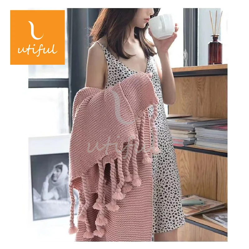 Home textile heavy knitted blankets handmade fringe striped blankets