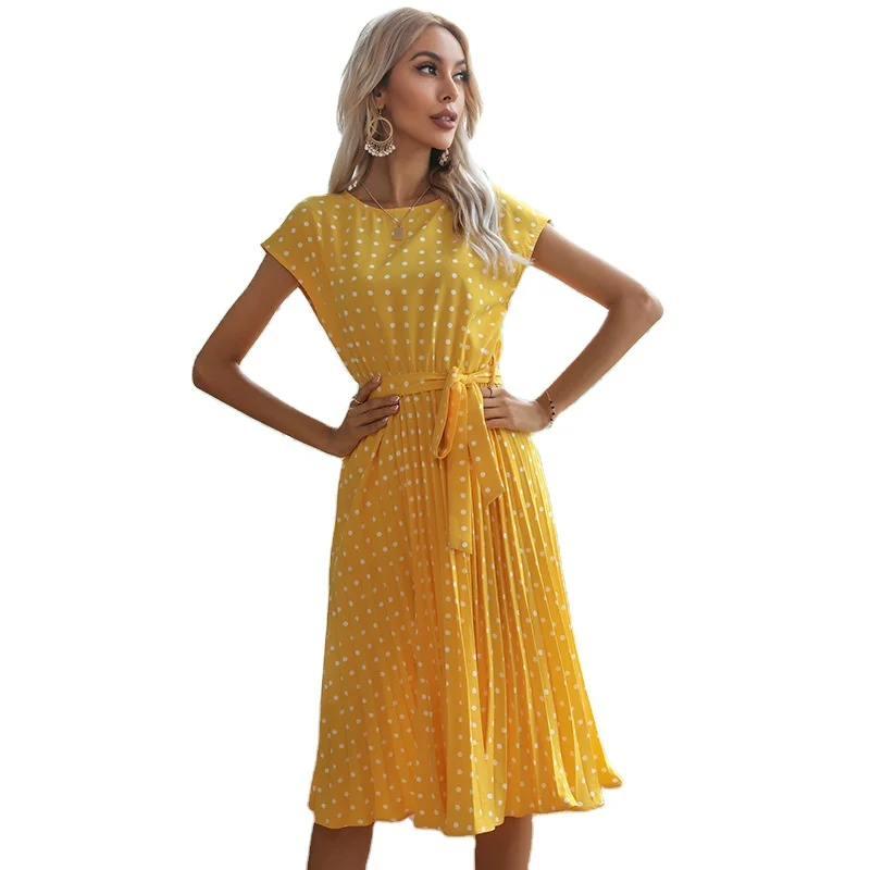 Summer new mid-length polka-dot round neck short-sleeved lace pleated dress women