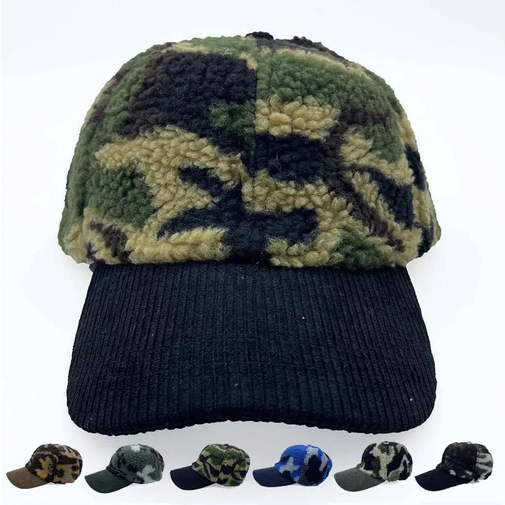 New 3D embroidery Winter Warm Fleece Fuzzy Camouflage Corduroy Dad Hat Custom Logo 2 Two Tone Polyester Baseball Caps