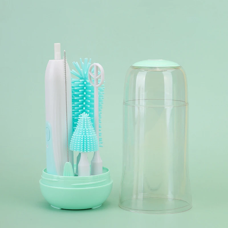 Portable Silicone Baby Bottle Cleaning Brush Set Eco-Friendly Electric Long Hand-Design Travel Brush with Drying Base