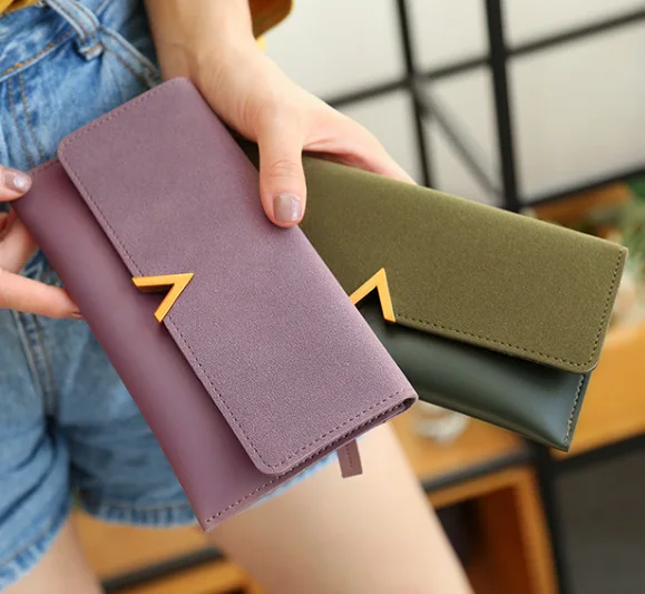 Women Long Wallet Designer Solid Color Long Slim Card Holder Money Clutch Bag V-Shaped Buckle Lady Leather Wallet For Women