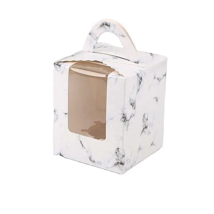 Custom Logo Single Cake Packaging Handle 1 Hole Clear Marble Paper Cupcake Box with Window